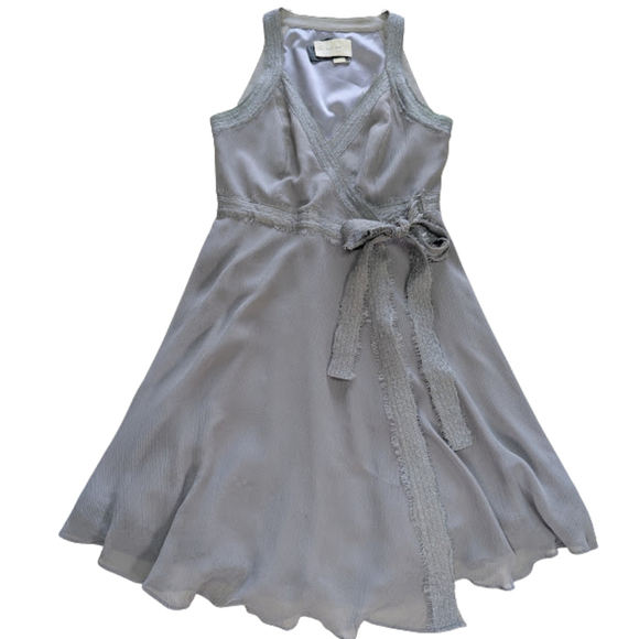 Va Et Vien Soft Goth Lace-Trim Silk Chiffon Wrap Dress – Slate Gray – Size 0 - Picture 5 of 16